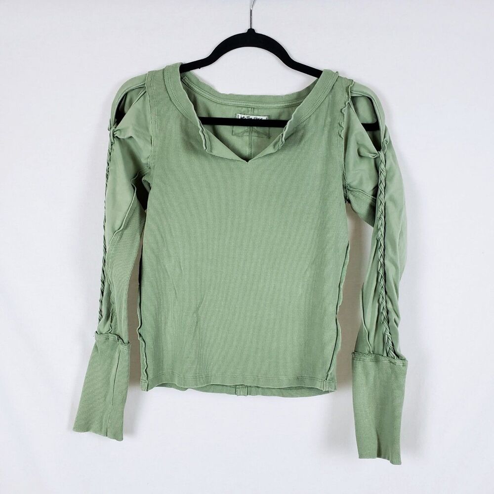 We The Free Ribbed Tee Womens M Boho Festival Cold Shoulder Braided Artsy Green